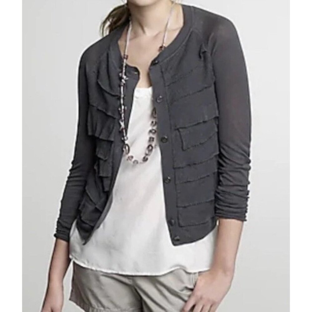 J.Crew Gray Ruffle Cardigan Silk Linen Long Sleeve Lightweight Semi Sheer S - M - Picture 1 of 9
